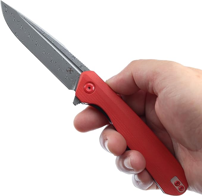 KANSEPT Qilin Pocket Knife,3.24'' Damascus Sharp Blade, Red G10 Handle for Edc, Flipper and Liner