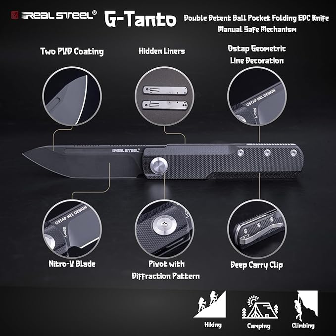 REALSTEEL G-Tanto Pocket Knife,Folding Knives,2.6" Nitro-V Blade,Double Detent Ball Slipjoint