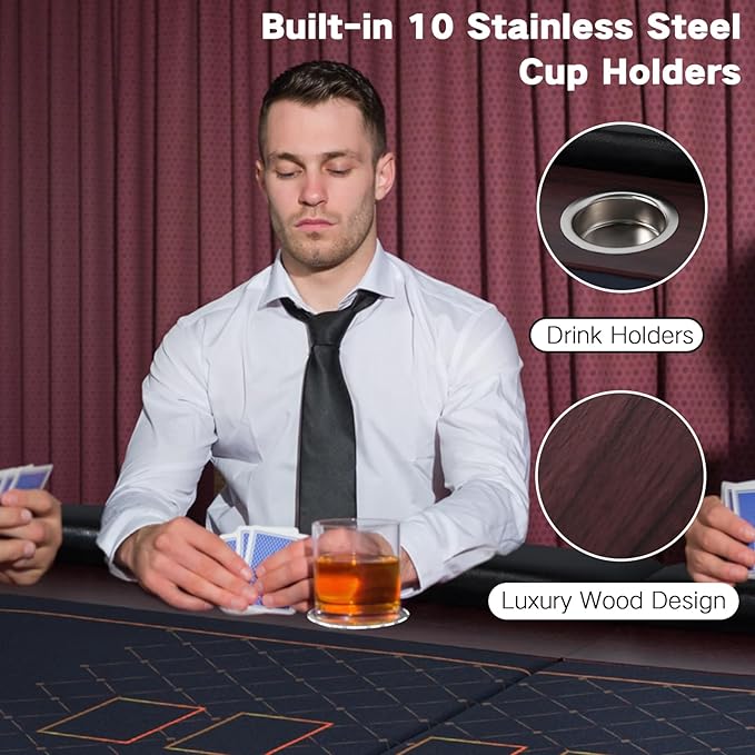 10 Player Foldable Poker Table, 86" Large Professional Folding Texas Holdem Poker Card Table