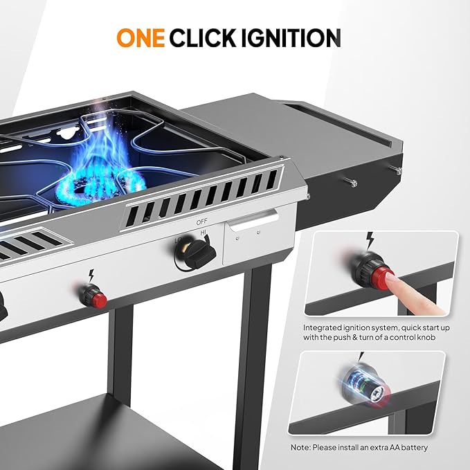Bonnlo 2-in-1 Propane Stove and Griddle, Iginition Outdoor Gas Cooker with Storage Shelf and