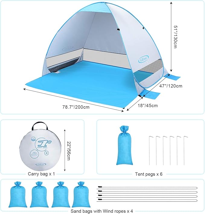 G4Free Large Pop up Beach Tent for 3-4 Person, UPF 50+ Automatic Sun Shelter Canopy Portable