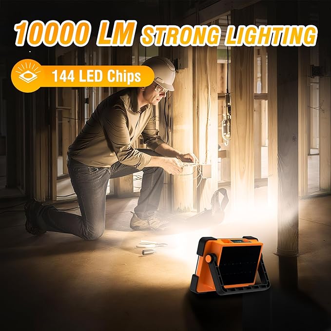 120W Solar Rechargeable Work Light, 144 LED 10000LM Led Work Light with 4 Modes, Portable Flood
