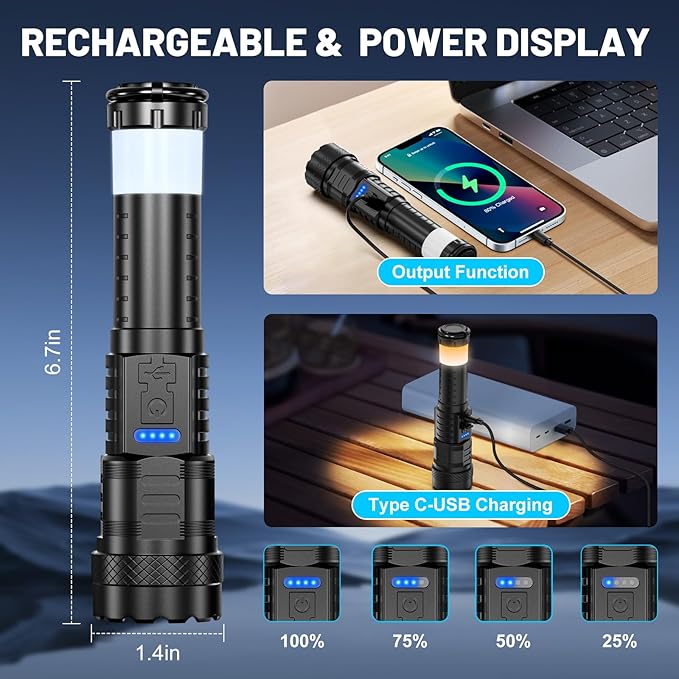 Rechargeable Flashlight High Lumens - 3000 Lumens Waterproof Police Flashlight, Zoomable Beam LED