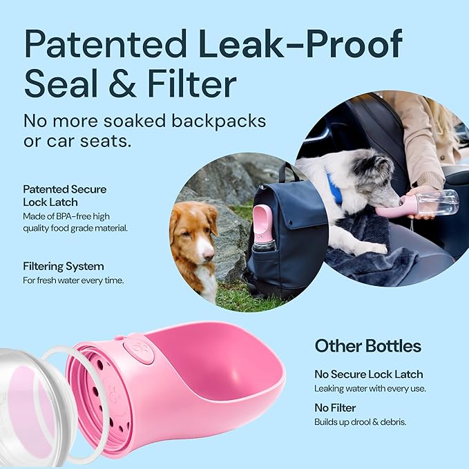 MalsiPree Leak-Proof Portable Dog Water Bottle for Travel - 19 oz, with Pink Bowl - Food Grade