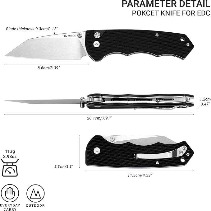 Pocket Folding Knife - 3.39" D2 Sheepsfoot Blade Stonewashed Finish - G10 Handle with Thumb Stud