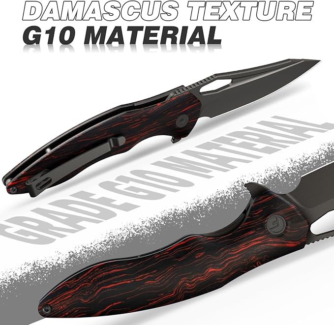 FINTISO Apollo Pocket Knife, 3.3" 14C28N Blade Damascus Pattern G10 Handle Folding Knife with Liner