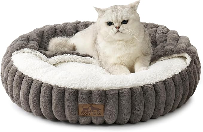 Cat Bed with Hooded Blanket, Round Fluffy Anti-Anxiety Pet Bed for Cats/Small Dogs, Cozy Donut