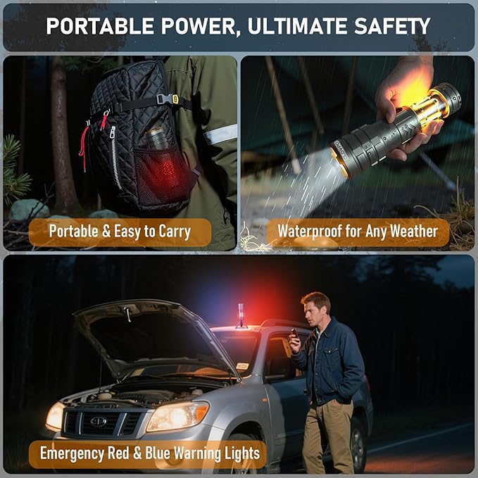Rechargeable Flashlight 11 Modes Tactical Camping Flashlight with Red-Blue Emergency Lights, 10000