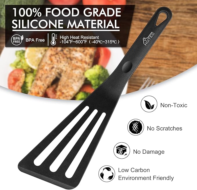HOTEC 600??Heat Resistant Silicone Slotted Fish Turner Spatula Set, BPA Free Flipper Cooking