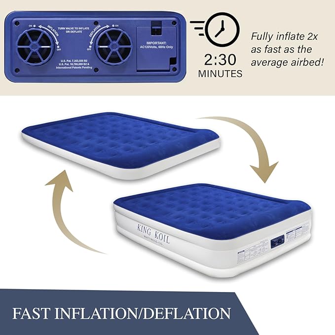 King Koil Premium California King Size Air Mattress with Built-in Pillow & Patented High-Speed