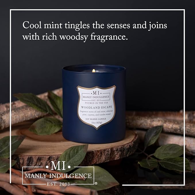 Manly Indulgence Woodland Escape Scented Candles for Men, 15 oz Wooden Wick, Premium Soy Blend Wax