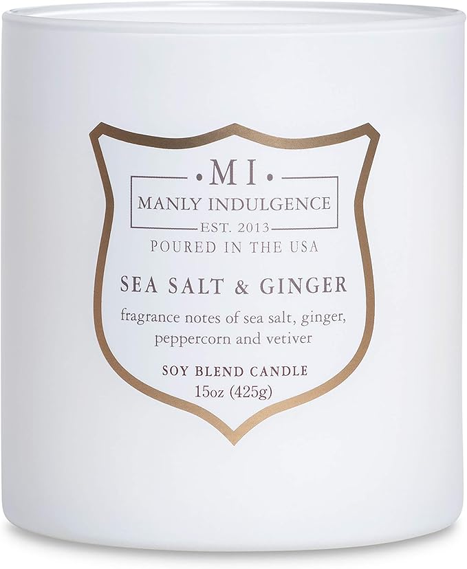 Manly Indulgence Sea Salt & Ginger Scented Candles for Men, 15 oz Wooden Wick, Premium Soy Blend