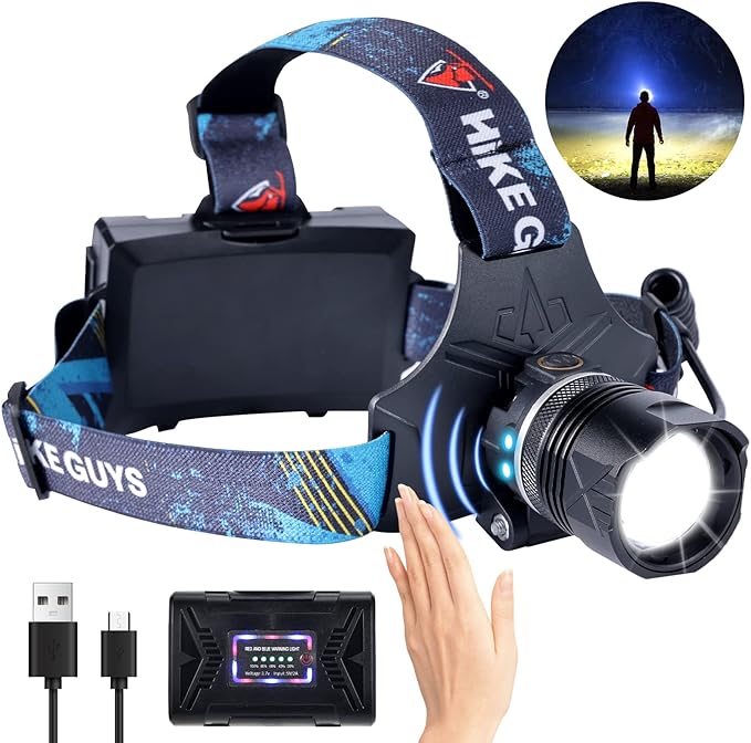 LED Rechargeable Headlamp, Headlight 1500 Lumens Super Bright with 6 Modes & IPX5 Warning Light