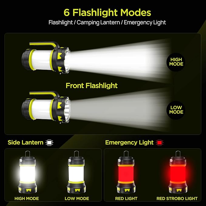 Rechargeable Flashlights Camping Lantern,6 Modes LED Bright Flashlight 3000mAh Battery, IPX4