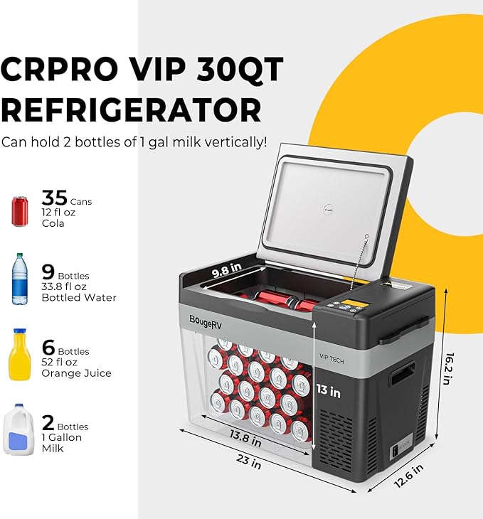 BougeRV 12V 30 Quart Refrigerator, CRPRO VIP, Compressor Electric Cooler with 12V/24 DC, 110-240 AC