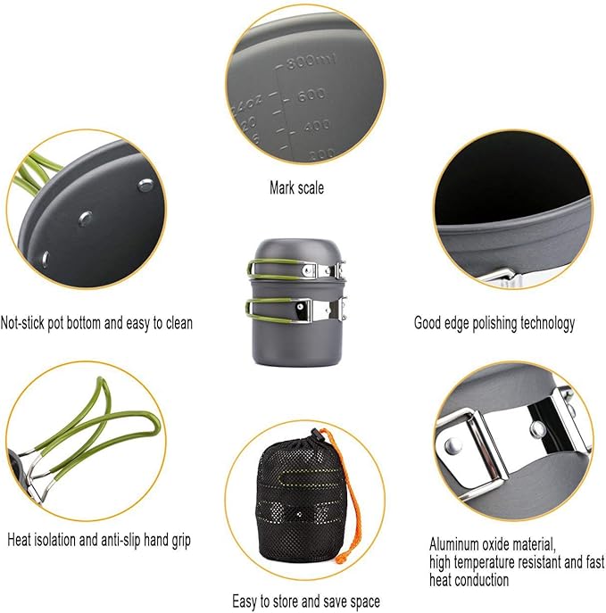 Peidesi Camping Cookware Mess Kit, Portable Camp Stove Pots and Pans Set, Carabiner, Folding Knife