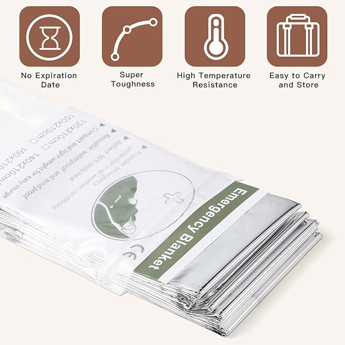 Kanayu 100 Pack Emergency Thermal Blankets Bulk 64 x 84 Disposable Foil Space Blankets for Survival