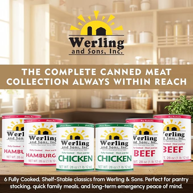 Werling & Sons Canned Meat Variety Pack 28 oz – Fully Cooked & Ready to Eat | 2 Hamburger, 2