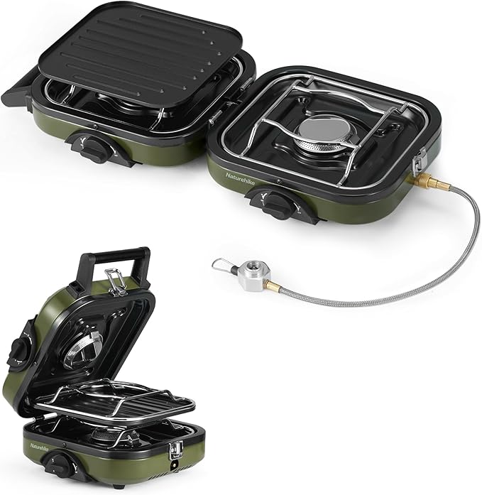 Naturehike 2 Burner Folding Camping Stove with Griddle, Portable Camp Isobutane Gas Stove with