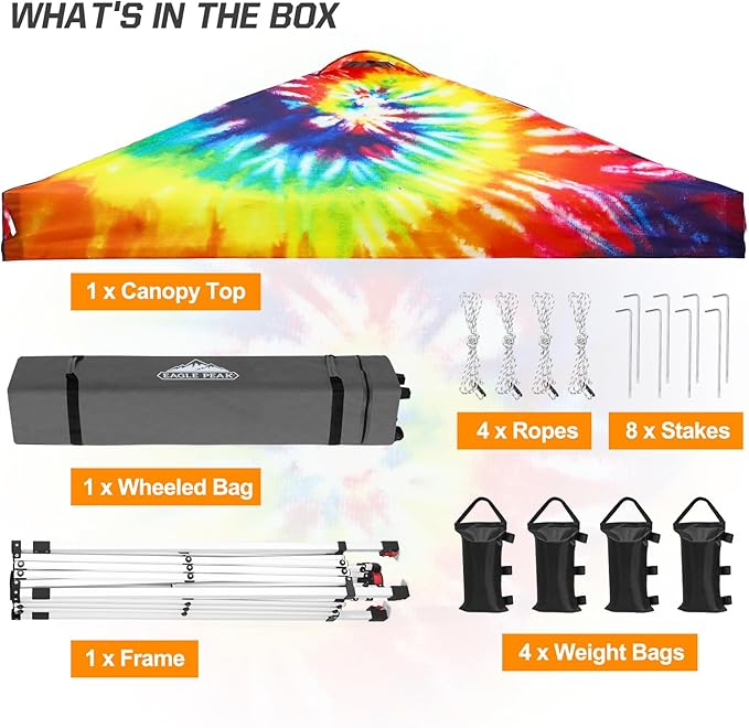 EAGLE PEAK Pop Up Canopy Tent with Wheeled Carry Bag, 8 Stakes, 4 Ropes, 4 Weight Bags, Easy Set Up