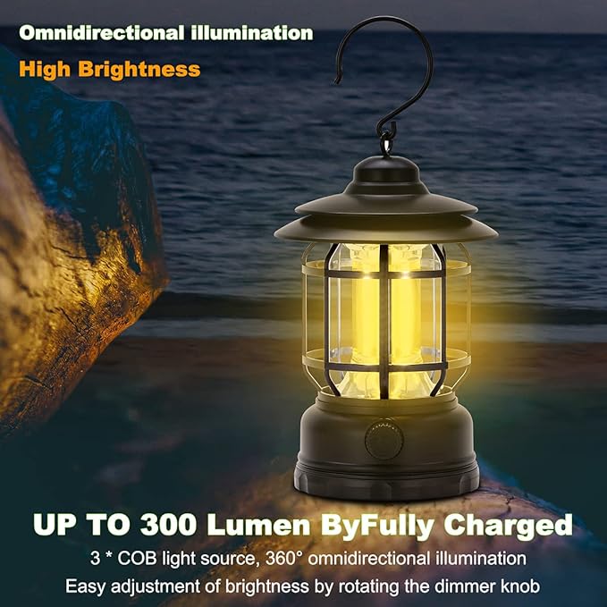 LED Camping Lanterns Rechargeable Portable, Vintage Style Tabletop Lantern, Stepless Dimming