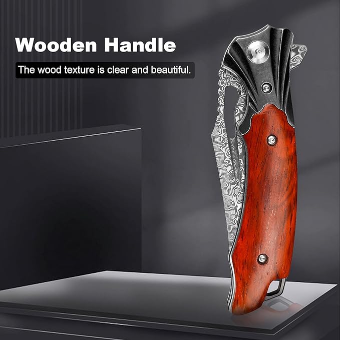 Damascus Pocket Knife for Men Women, Wood Handle Folding Knife with Sheath, 3.15" Damascus Steel