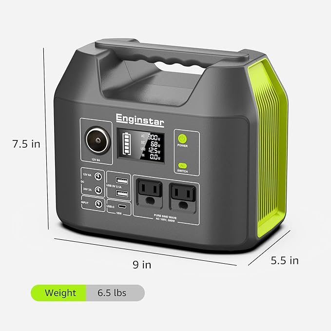 EnginStar Solar Generator, 300W Portable Power Station, 296Wh Lithium Battery Backup w/Two 110V