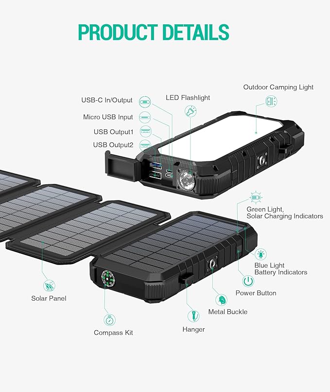 BLAVOR Solar Charger Power Bank, PD 18W Fast Charging 20000mAh Battery Pack with 4 Foldable Panels