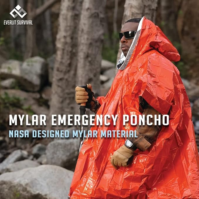 Everlit Survival Rain Poncho Emergency Mylar Space Blanket Camping Gear-Retain 90% of Body Heat