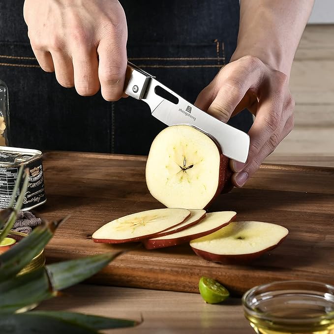 Folding Chef Knife with Nylon Pouch 4.8” Ultra Sharp 440A Stainless Steel Blade Natural Olive