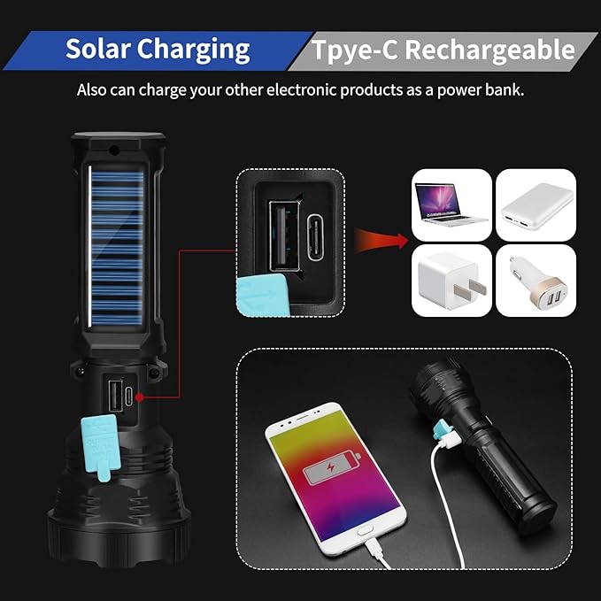 Led Solar Flashlight, 1500 Lumens Led Solar Handheld Rechargeable Flashlights with IP65 Waterproof
