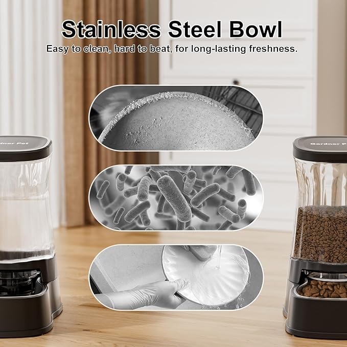 Automatic Pets Gravity Feeder and Water Dispenser Set with Stainless Steel Bowl, 1Gallon x 2 Stable