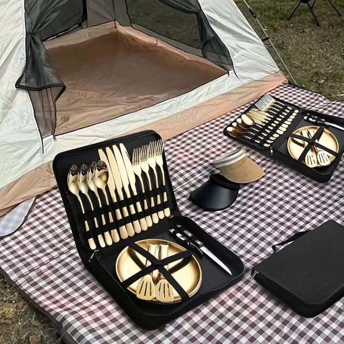 Picnic Dishes Utensils Gold Camping Flatware Set for 4 Portable Tableware Plates Silverware Forks