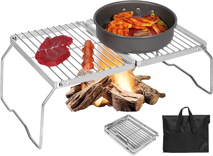 REDCAMP Folding Campfire Grill 304 Stainless Steel Grate, Adjustable Height Portable Camping Grill
