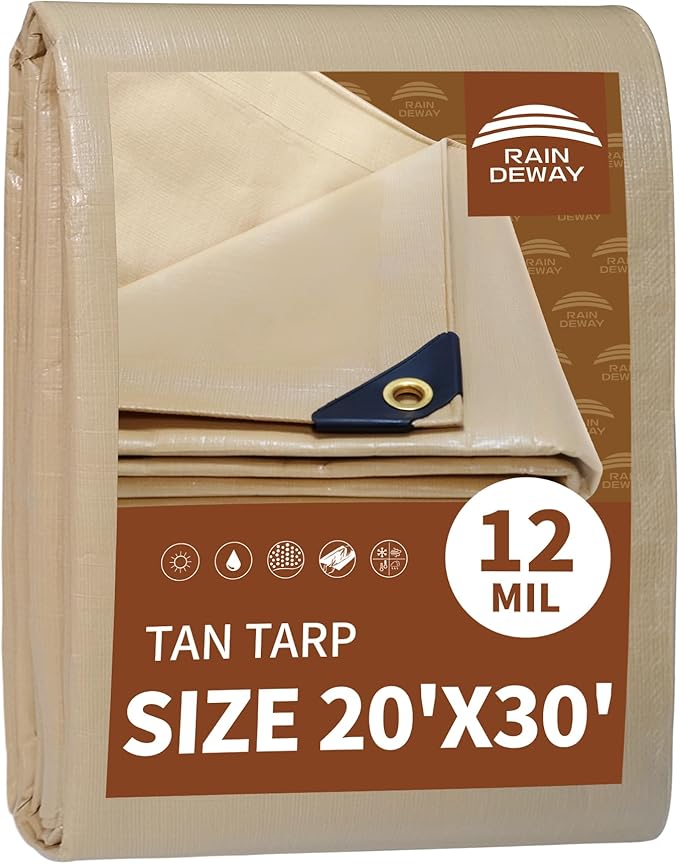RAINDEWAY 20x30 Feet Heavy Duty Tarp,12 Mil Tan Waterproof Poly Tarp Cover,UV