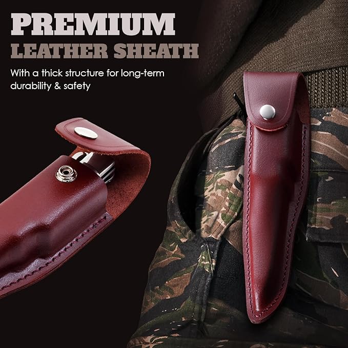 Grand Way 12.2" Retro Folding Knife with Wood Handle & Leather Sheath - 7.8" Long Foldable Sharp