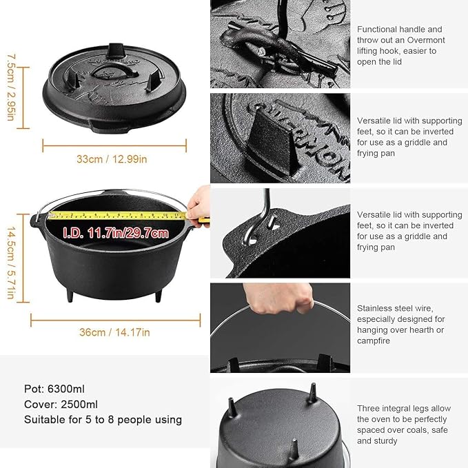 Overmont Camp Dutch Oven Pre Seasoned Cast Iron Lid Also a Skillet Casserole Pot with Lid Lifter