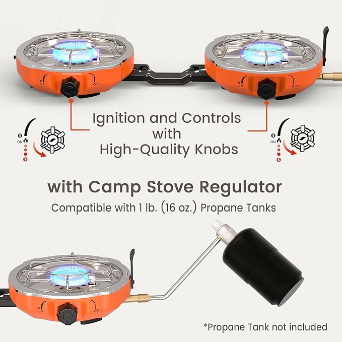 20,000 BTUs 2 Burner Propane Camping Stove, Portable Folding Camp Stove with Adjustable Burners