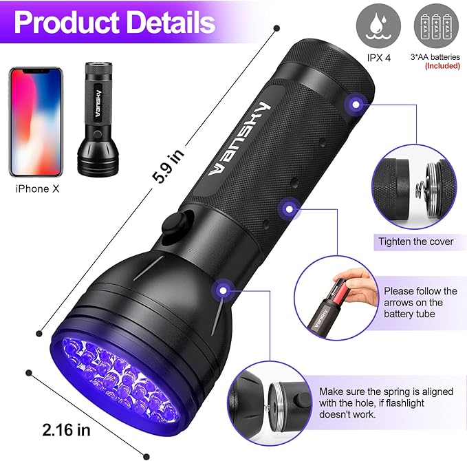 Vansky Black Light UV Flashlight, Upgraded 51 LED 395nm Blacklight Pet Urine Detector for Dog/Cat