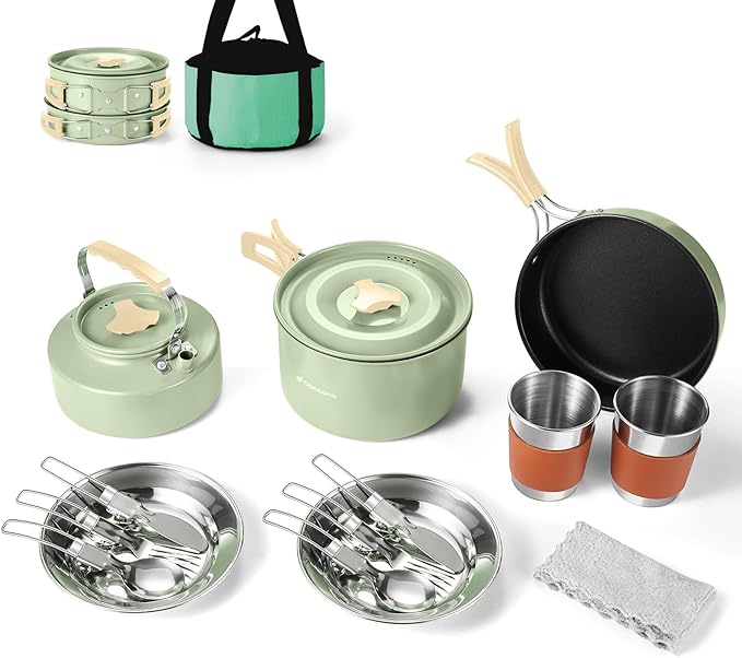 Odoland 15pcs Camping Cookware Mess Kit, Non-Stick Lightweight Pot Pan Kettle Set with Stainless