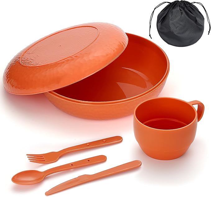 Homquen 6-Piece Camping Mess Kit with Bowl, Plate, Cup, Spoon, Fork, Knife and Carry Bag, Camping
