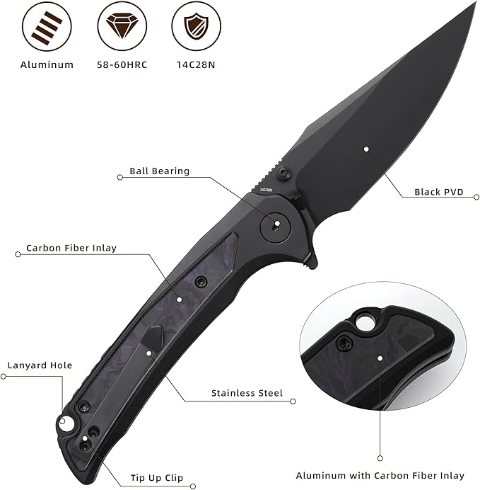 EDC Pocket Knife, 3.6" 14C28N Aluminium With Steel Inlay Handle, Folding Knife for Camping Hiking