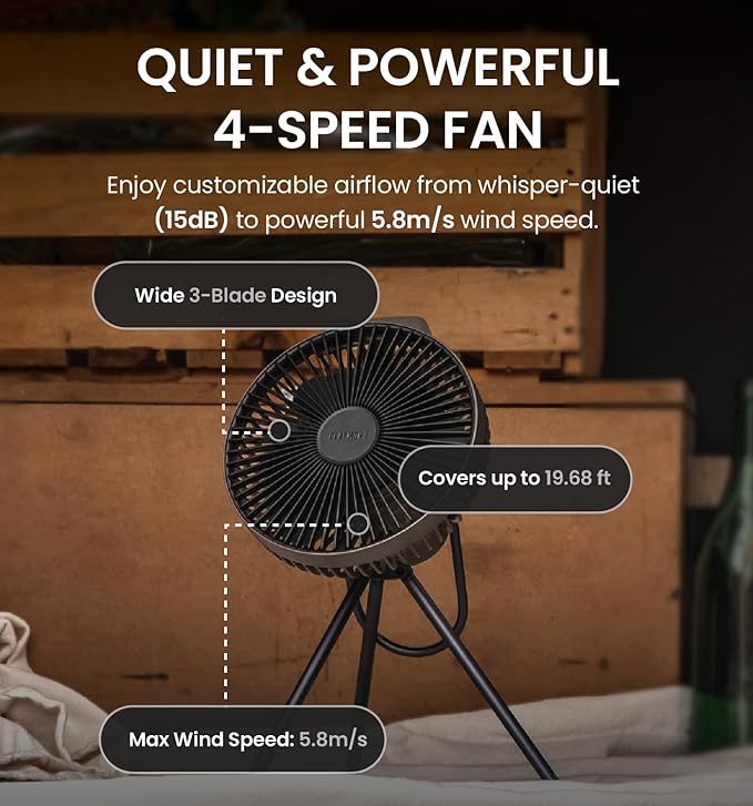 Claymore V600+ Black Rechargeable Portable Fan ??7,800mAh Battery, 4-Speed BLDC Ultra-Quiet Air