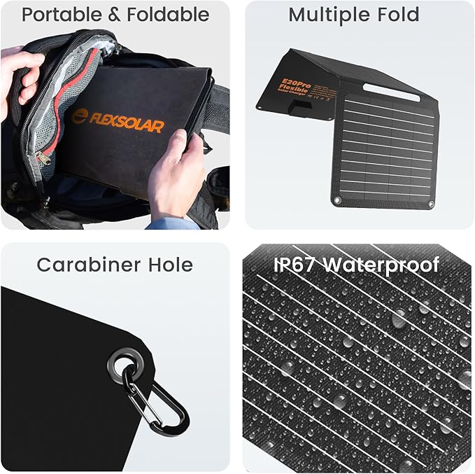 [Upgraded] FlexSolar 20W Portable Solar Panel, High Efficiency ETFE Foldable Panels with 5V USB