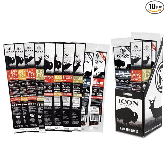 ICON Meat Stick and Steak Strip Sampler Gift Box - 10 Snacks Per Box - Assorted Flavors of Bison