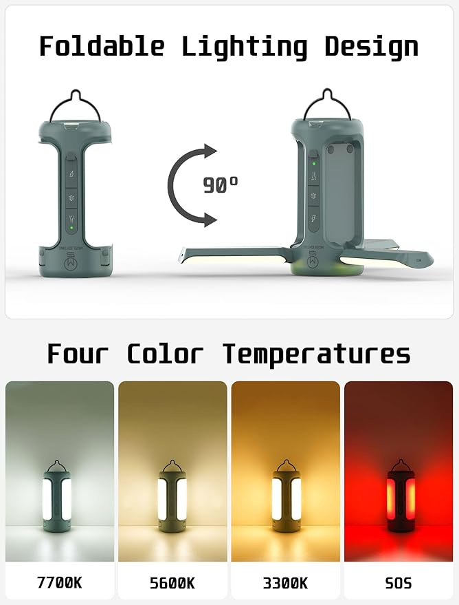 Foldable Camping Light Rechargeable Lantern, 10000mAh, Portable Flashlight, IP54 Waterproof, 1/4"