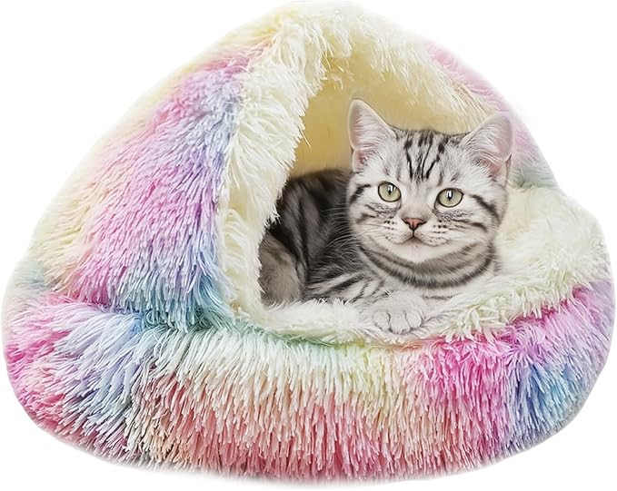 ShinHye Cat Bed Round Plush Fluffy Hooded Cat Bed Cave, Cozy for Indoor Cats or Small Dog beds