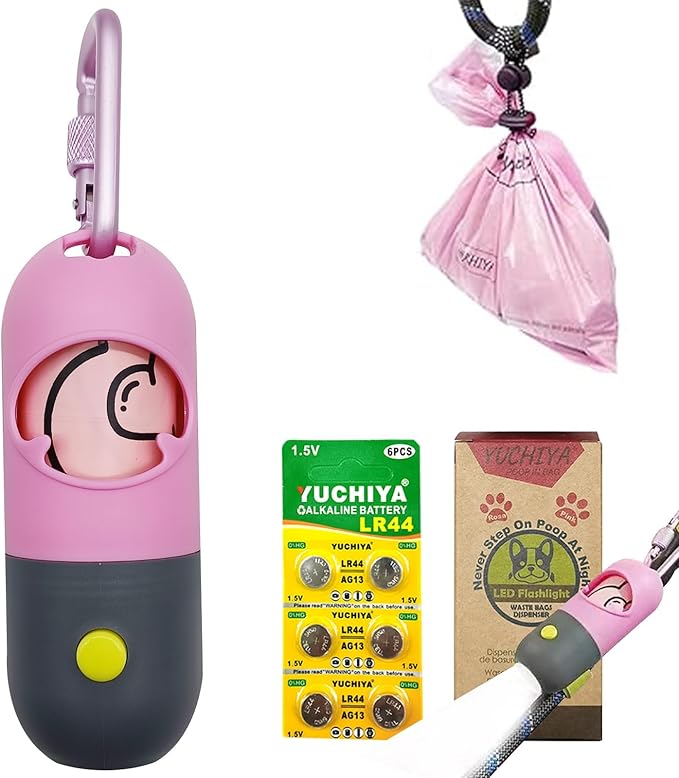 Dog Poop Bags Holder with LED Flashlight|Pet Waste Bags Dispenser for Leash|Doggie Potty Bags