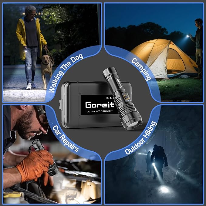 Goreit Flashlights LED High Lumens Rechargeable, 2000 Lumens XHP70.2 Super Bright Flashlight, Flash