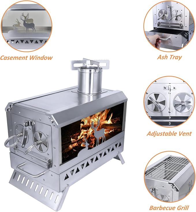 Outdoor Camping Tent Stove Portable Stainless Steel with Chimney Barbecue Net for Outdoor Cooking